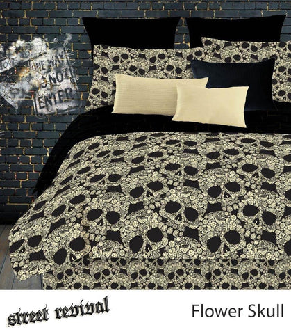 FLOWER SKULLS COMFORTER SET - BLACK-TAN